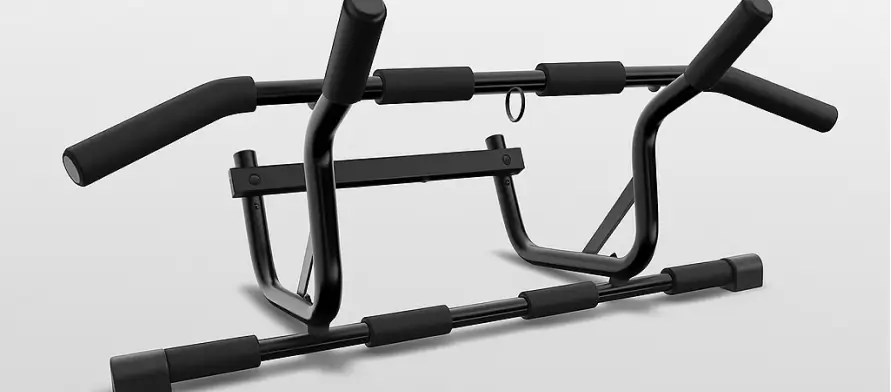 DMoose doorway pull-up bar: black steel multi-grip frame with foam-padded wide, narrow and neutral handles, on a light grey backdrop