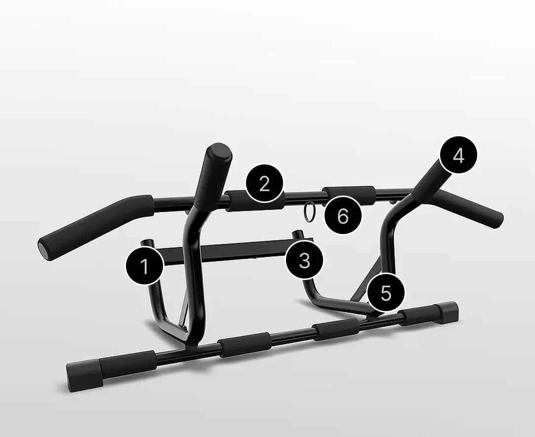 DMoose doorway pull-up bar with its six features numbered: 1 adjustable bracket, 2 rubberized anti-slip handles, 3 extra-wide door support, 4 versatile grip positions, 5 heavy-duty steel frame, 6 integrated attachment eyelet