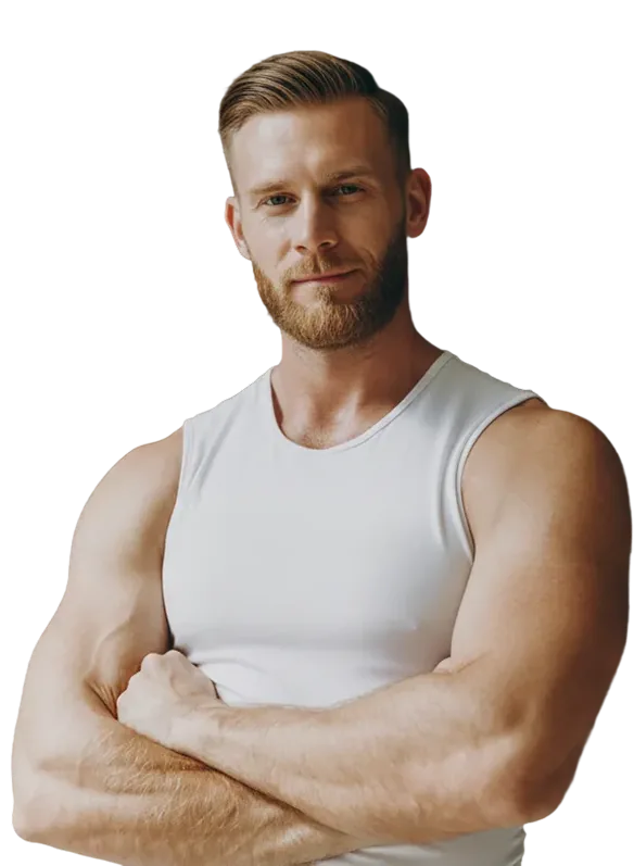 Jason Miller, certified strength coach, standing with his arms crossed in a white tank top